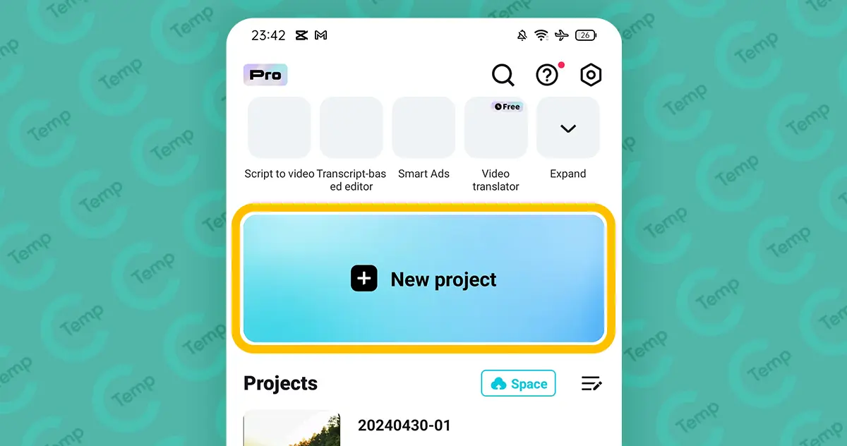 Creating a new project in the Capcut mobile app